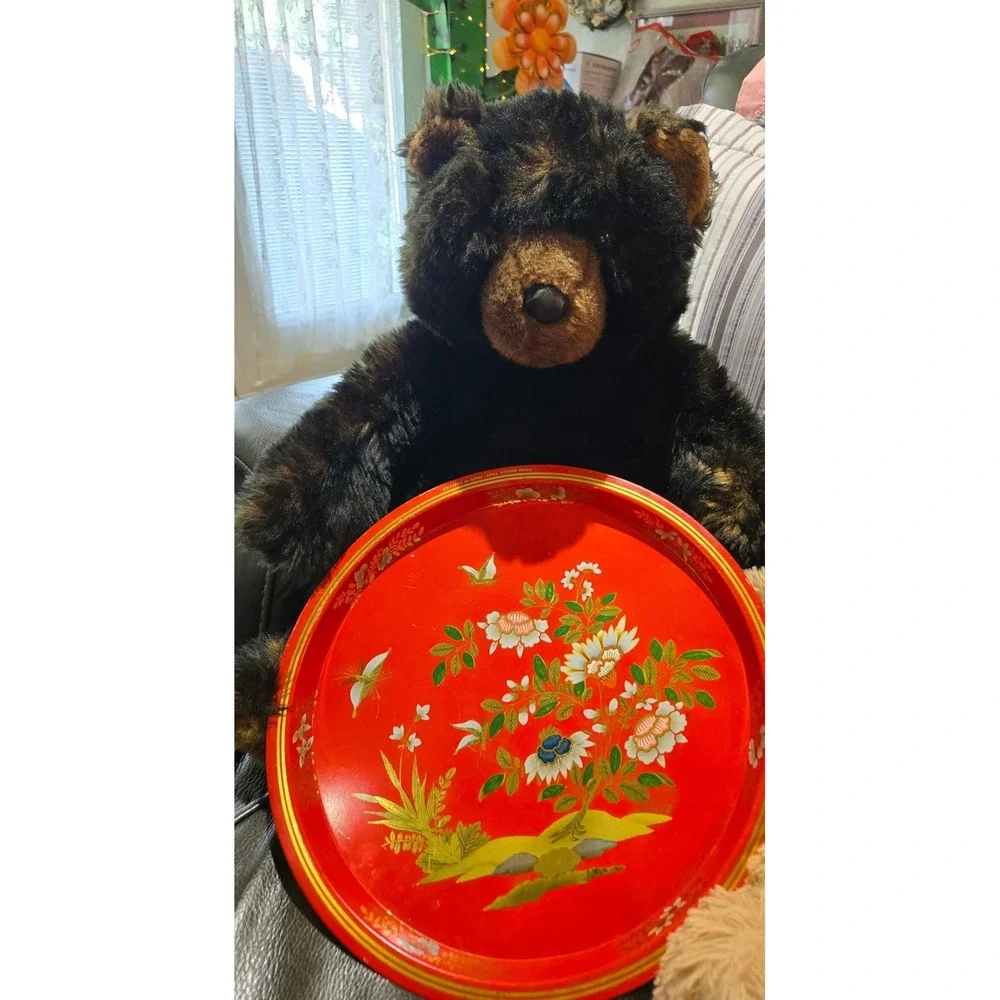 China Woods Floral Butterfly Round Metal‎ Tray Red Gold Made in England